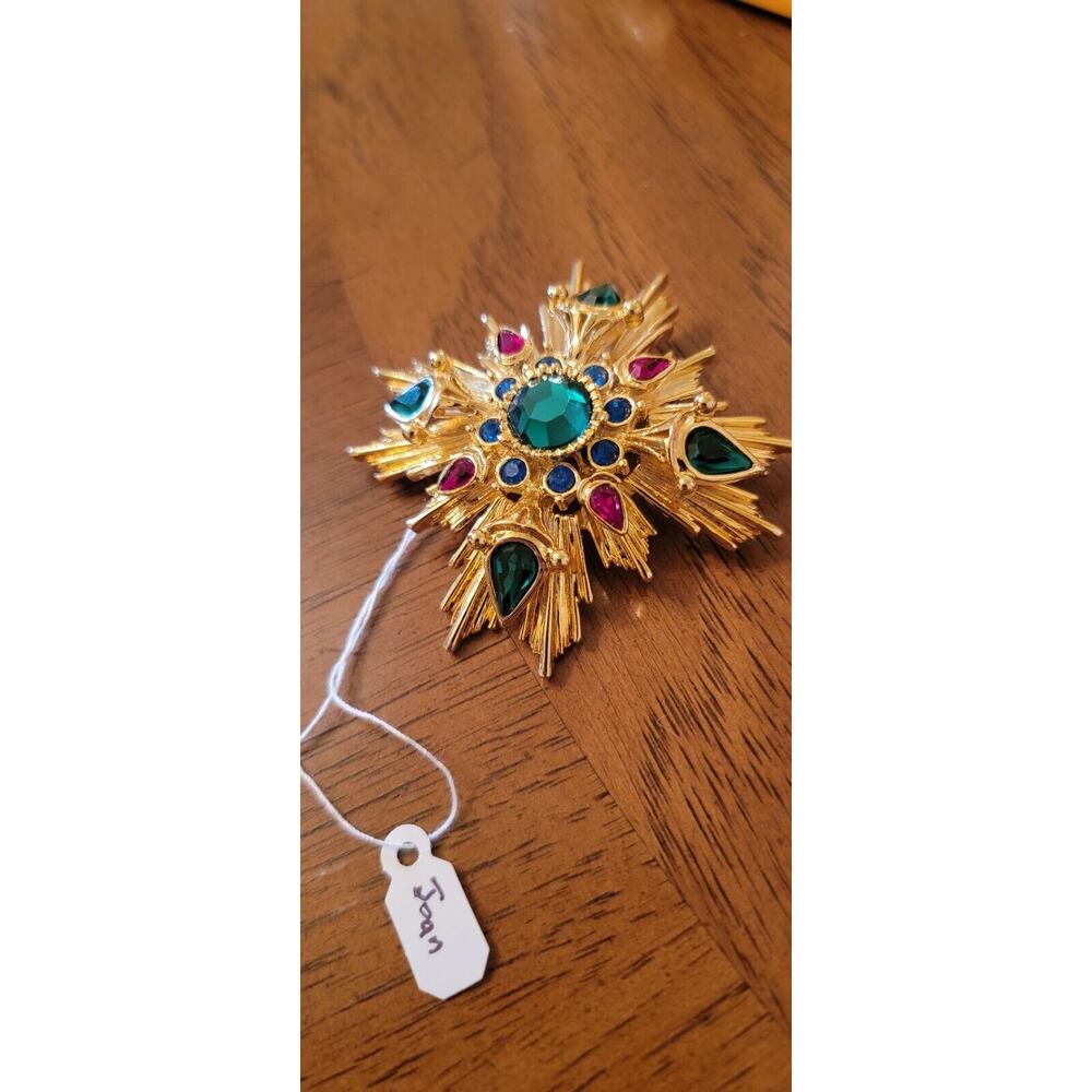 Joan Rivers Maltese Cross Simulated Emerald,Red,Blue Crystals Pin Brooch Signe